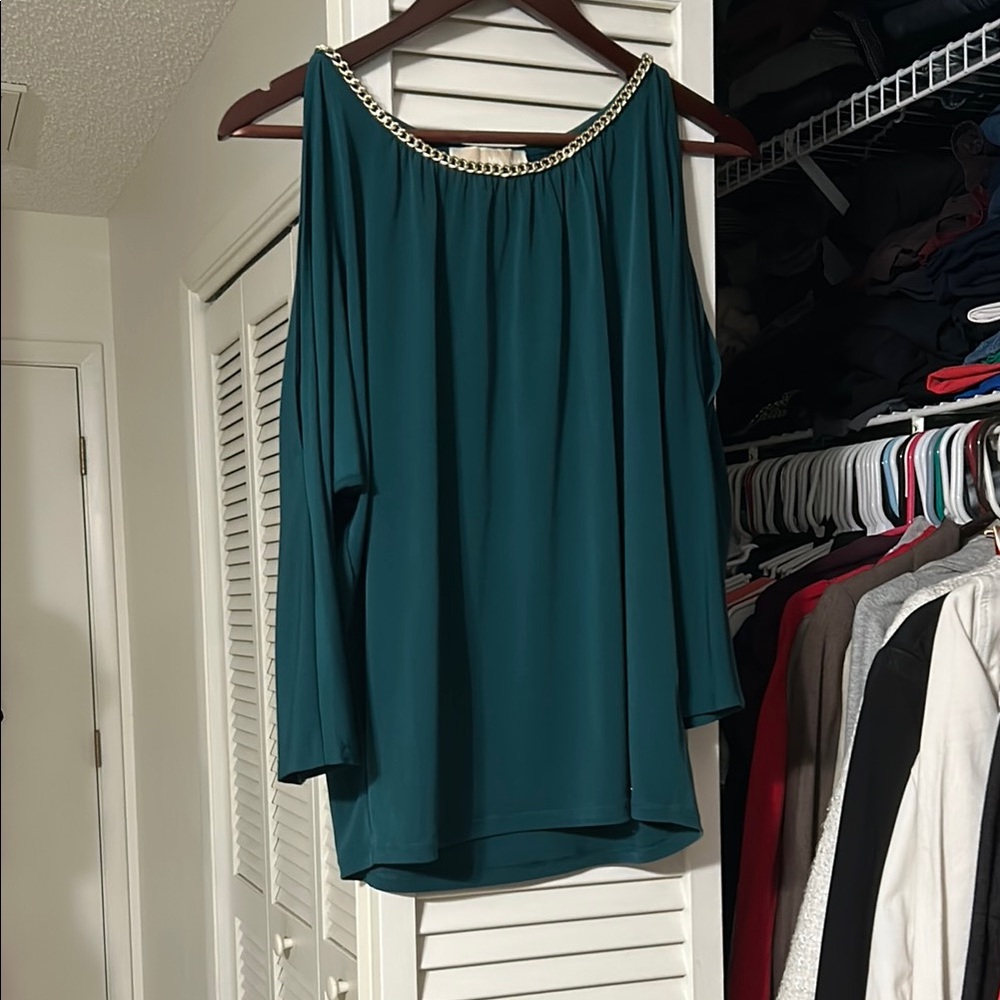 Michael Kors Collection Green Cold Shoulder Embellished Blouse